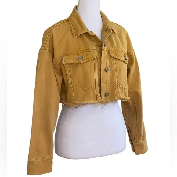 PacSun Mustard Yellow Cropped Jean Jacket Women’s Sz XS Raw Frayed Hem Denim - Picture 13 of 14